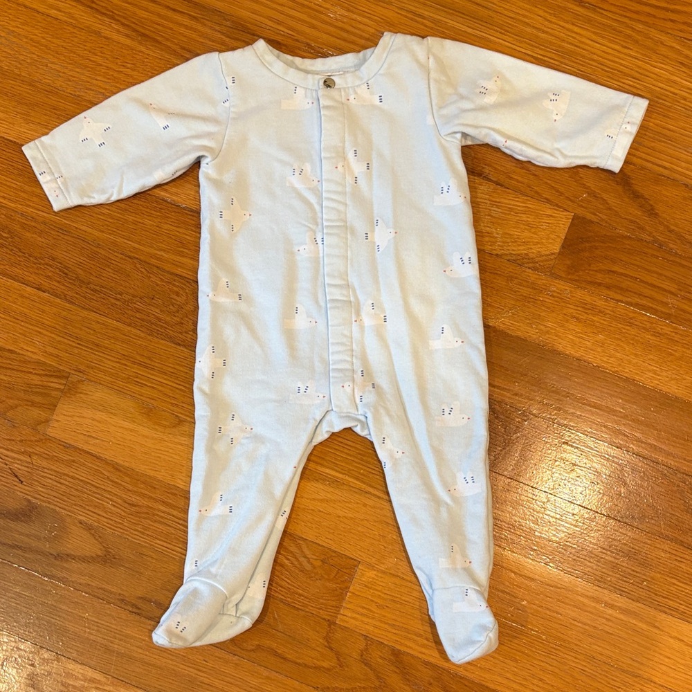 Jacadi Light Blue Baby Footie with seagull Pattern. Size: 6 months